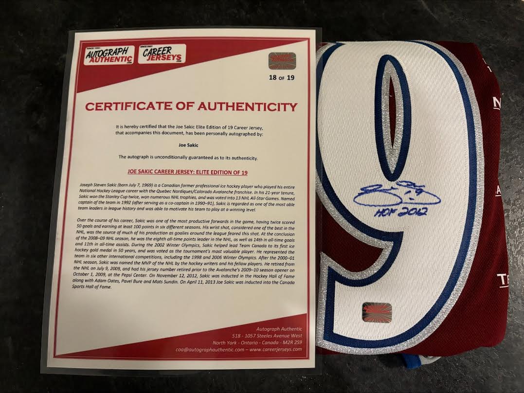 Joe Sakic 19 Signed Colorado Avalanche Captains Authentic Adidas Lim