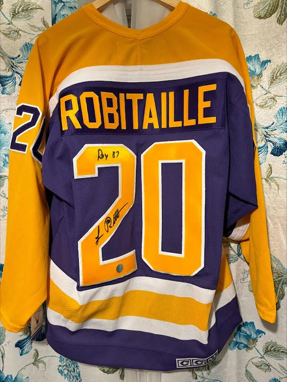 “Lucky” Luc Robitaille #20   Signed Los Angeles Kings   Authentic Vintage CCM jersey   Inscribed “ROY ‘87”
