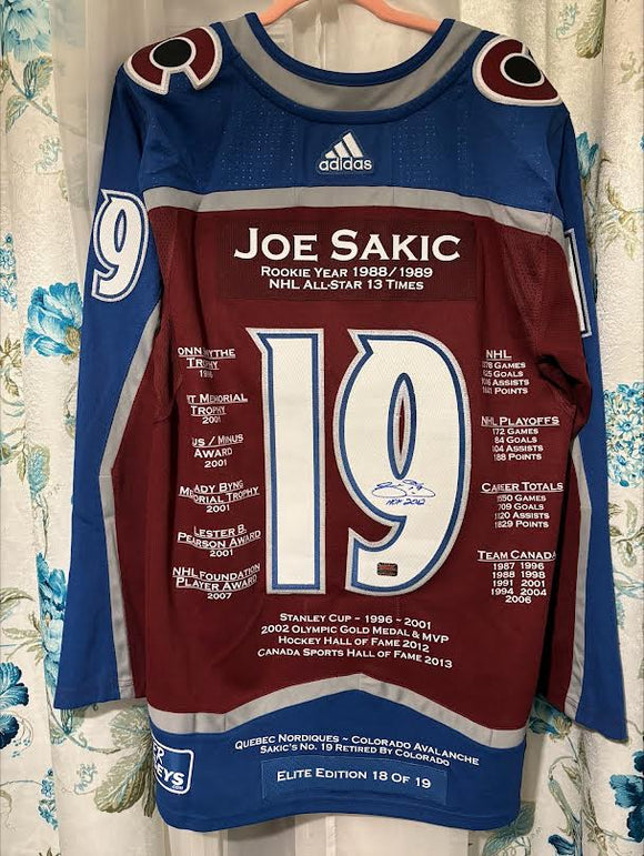 Joe Sakic #19  Signed Colorado Avalanche Captain’s  Authentic Adidas Limited Edition Career Jersey w/Fighting Strap