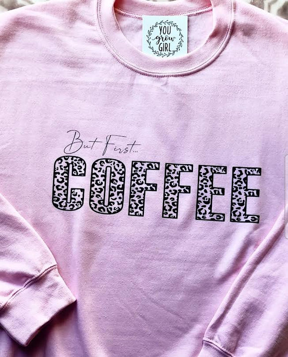 But First Coffee- Blush Pink Crewneck Sweater  Small