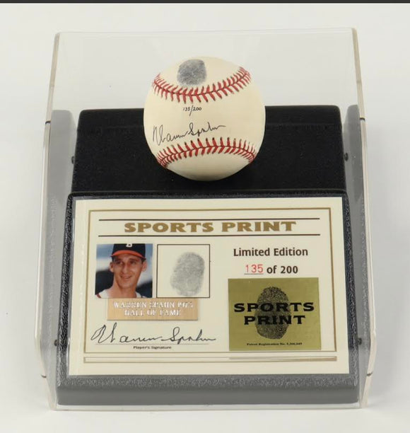 Warren Spahn Signed LE ONL Baseball Display with Thumbprint (Beckett)  Limited Edition #/ 200