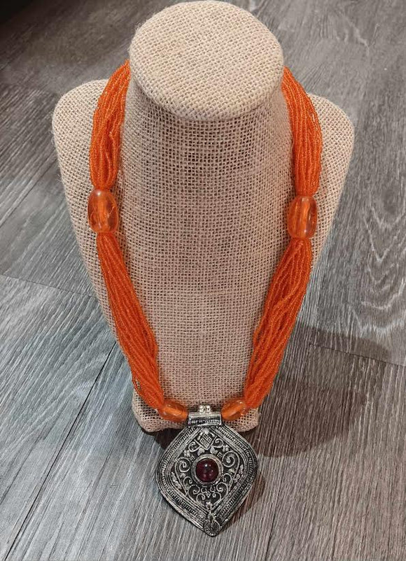 Costume Necklace - Orange with Pendant