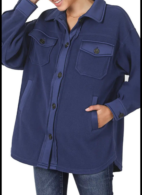 Navy Oversized Fleece Shacket - S