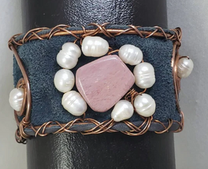 Bracelets and Bangles Collection Rhodocrosite and Freshwater Pearl Cuff Bracelet