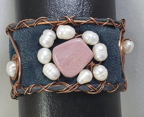 Bracelets and Bangles Collection Rhodocrosite and Freshwater Pearl Cuff Bracelet