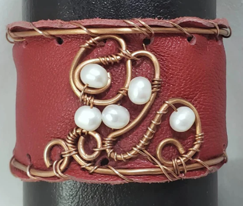 Bracelets and Bangles Collection Freshwater Pearl Red Leather Cuff Bracelet
