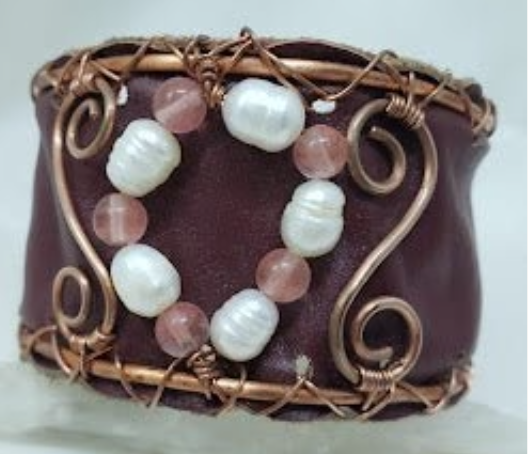 Bracelets and Bangles Collection Copper and Leather Cuff Cherry Quartz and Pearl