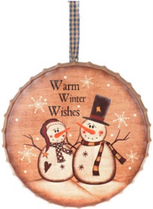 Festive Bottle Cap Metal Signs - Warm Winter Wishes