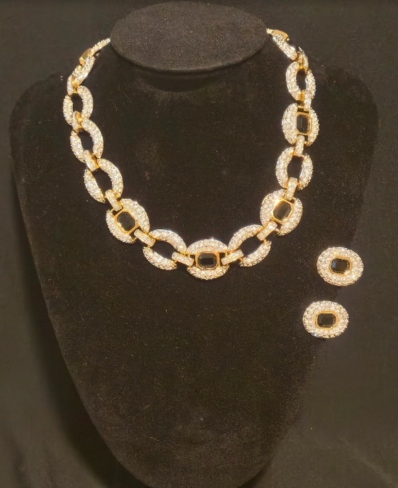 Swarovski Necklace & Clip-On Earrings Set (Gold & Black)
