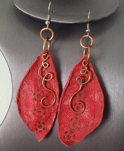 Earrings and Ear Cuffs Collections Red Leather Copper Ziggy Dangles Earrings
