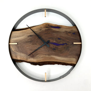 21” BLACK WALNUT LIVE EDGE WOOD CLOCK FT. PURPLE EPOXY INLAY