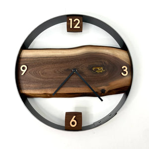 14” Black Walnut Live Edge Wood Wall Clock ft. Gold Epoxy Inlay