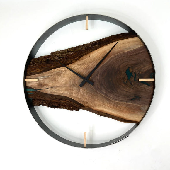 21” BLACK WALNUT LIVE EDGE WOOD CLOCK FT. EMERALD GREEN EPOXY INLAY