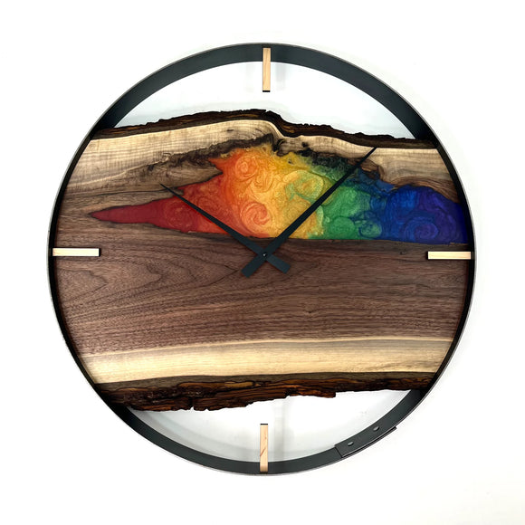 21” BLACK WALNUT LIVE EDGE WOOD CLOCK FT. RAINBOW EPOXY INLAY