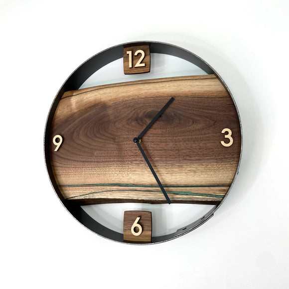 14” Black Walnut Live Edge Wood Wall Clock ft. Green Epoxy Inlay