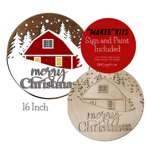 "Maker" Kit - "Merry Christmas Barn Winter Scape Sign" 16 Inch Round Sign Kit Unpainted