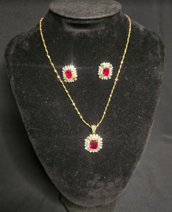 Gold-Plated Necklace & Earring Set with Ruby Red and Swarovski Crystals