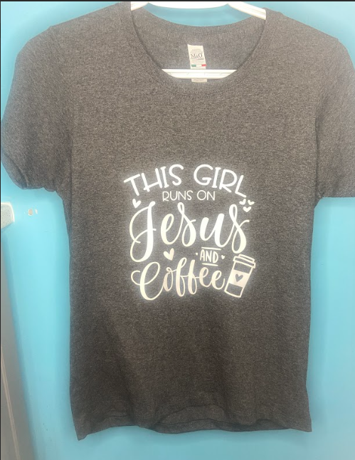 This Girl Runs on Jesus and Coffee  Ladies Small   Grey