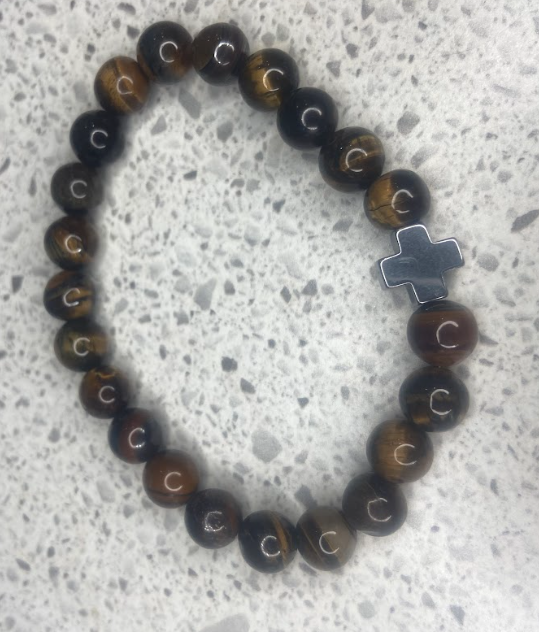 Amber Glass Beads with Silver Cross