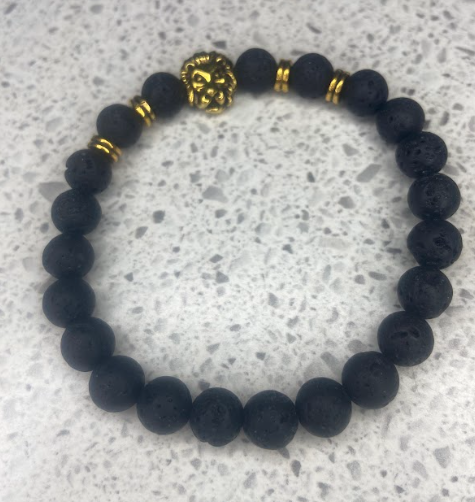 Black Lava Beads with Lion Head Charm