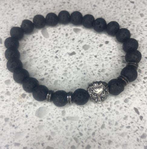 Black Lava Beads with Silver Lion Head Charm