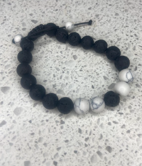 Black Lava Beads with White/Grey Ceramic Beads
