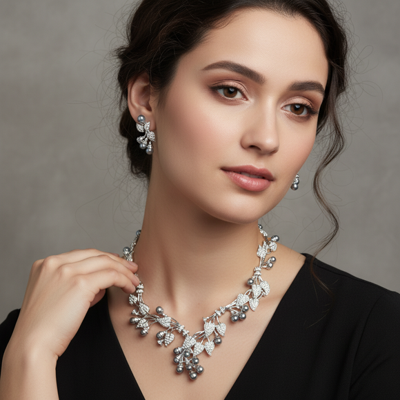 Silver Botanical Necklace Set with Pearls