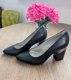 Black Leather Closed Toe Block Heels - SIZE EU 37/US 6.5