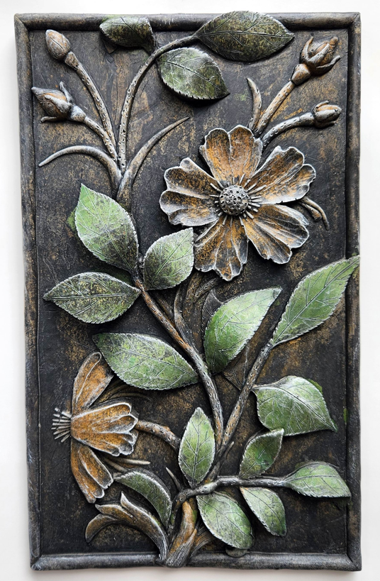 Cast concrete Wild Rose acid stained plaque