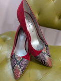 Red Suede Leather Snake Print Closed Toe Heels - SIZE EU 39/US 8.5