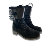 Black Suede Lace Up Boot With Buckles - Women's 6