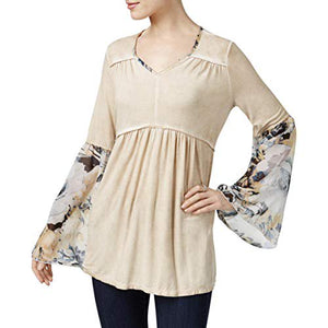 Style & Co. Women's Floral Print Bell Sleeves Tunic Top, Beige - Womens XL