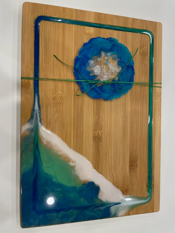 Rectangle Bamboo Epoxy Charcuterie Board, Matching Small Coaster (Blue/White)