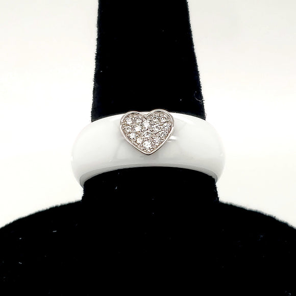 Ultimate Ceramic White Ring Set with Sterling Silver Cubic Zirconia Set Heart - Size 6