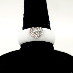 Ultimate Ceramic White Ring Set with Sterling Silver Cubic Zirconia Set Heart - Size 7