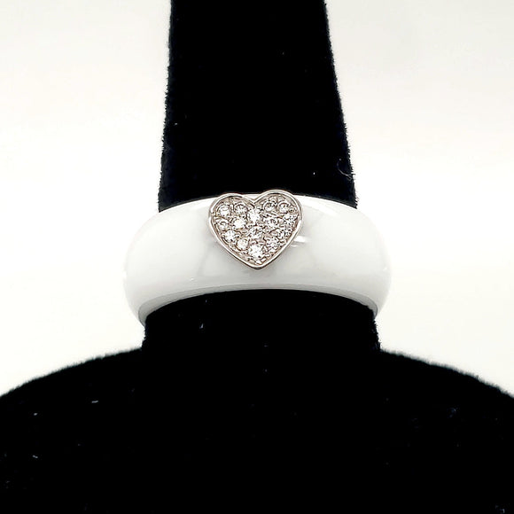 Ultimate Ceramic White Ring Set with Sterling Silver Cubic Zirconia Set Heart - Size 7