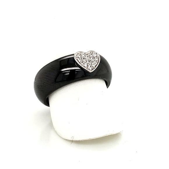 Ultimate Ceramic Black Ceramic Ring Set with a Sterling Silver Cubic Zirconia Set Heart - Size 6