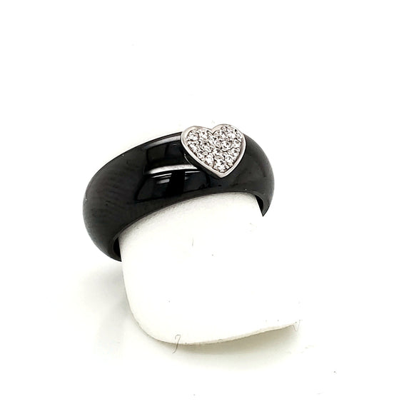 Ultimate Ceramic Black Ceramic Ring Set with a Sterling Silver Cubic Zirconia Set Heart - Size 7