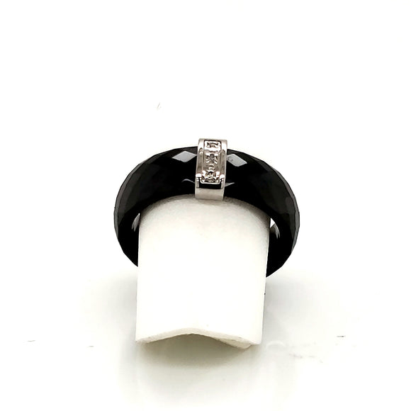 Ultimate Ceramic Faceted Black Ceramic Ring with Steel Bar Set with 3 Diamonds  - Various Sizes