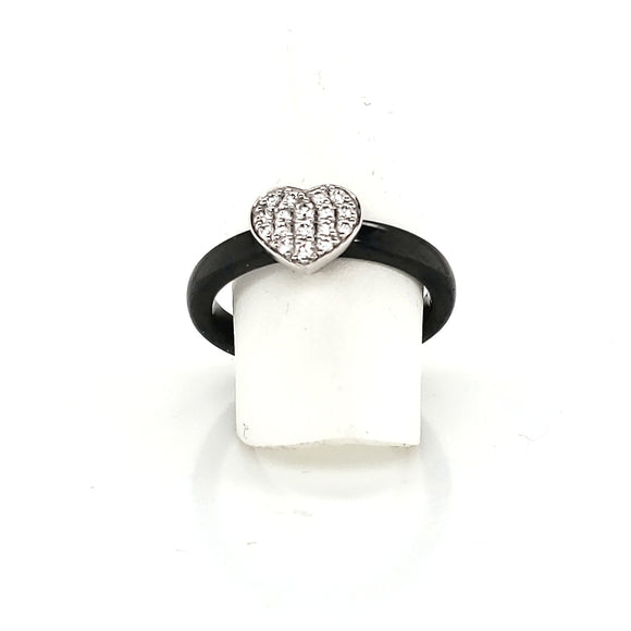 Ultimate Ceramic Black Ring Set with Sterling Silver Cubic Zirconia Set Heart - Various Sizes