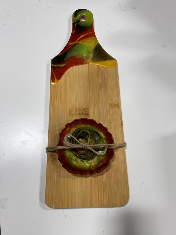 Board #8 (Green/Red) Epoxy Charcuterie Board with Matching Dish