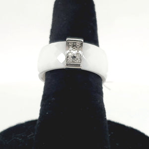 Ultimate Ceramic Faceted White Ceramic Ring with Steel Bar Set with 8 Diamonds - Size 8
