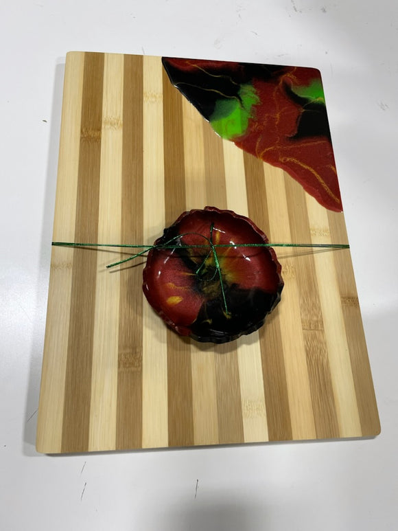 Rectangle Board #13 (Green/Red/Black) Epoxy Charcuterie Board with Matching Dish