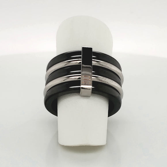 Ultimate Ceramic Ring with Alternating Black Ceramic and Steel Bands - Size 5.5
