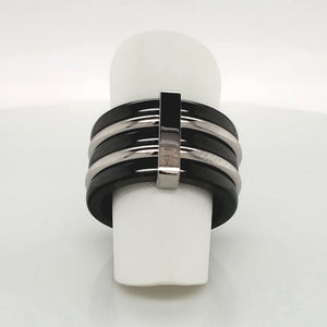 Ultimate Ceramic Ring with Alternating Black Ceramic and Steel Bands - Size 6