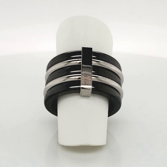 Ultimate Ceramic Ring with Alternating Black Ceramic and Steel Bands - Size 6.5