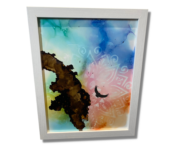 Original Art With Multicoloured Sky Bird In Flight ,White Frame- Size 13x16