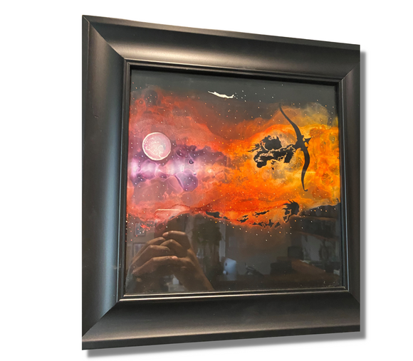 Original Art Pink Moon Fire Skies, Black Frame - Size 16x16