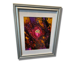 Original Art Egyptian Aqua Eyes With Pink, Silver Frame - Size 12x15