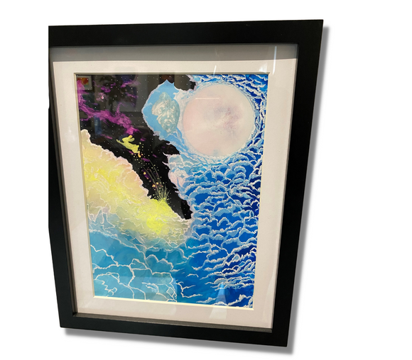 Original Art Huge Moon Blue Skies, Black Frame - 15x12